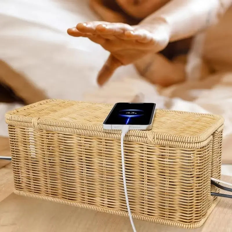 Desktop Power Line Management Box with Lid, Woven Basket Style Socket Protector, Home Data Cable Storage Bag, Wire Organizer, Cord Storage