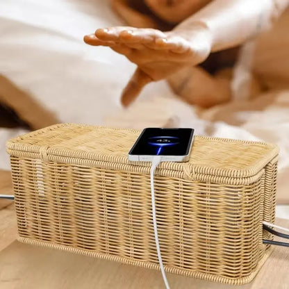 Desktop Power Line Management Box with Lid, Woven Basket Style Socket Protector, Home Data Cable Storage Bag, Wire Organizer, Cord Storage