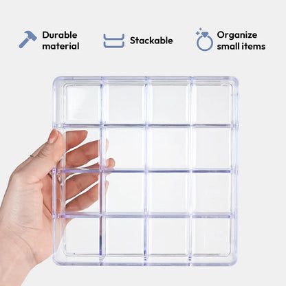 16 Grid  Organizer Tray, Clear Stackable Storage Tray | 16 Compartments, Stackable Design, Clear Plastic,  Storage, Makeup Organizer,  Tray
