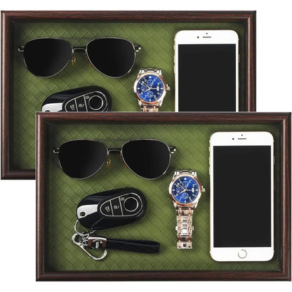 Wooden Valet Tray with Leather Base - Nightstand Catchall Organizer for Cologne, Perfume, , Wallet, Phone, Watch,  & Sunglasses (Black)
