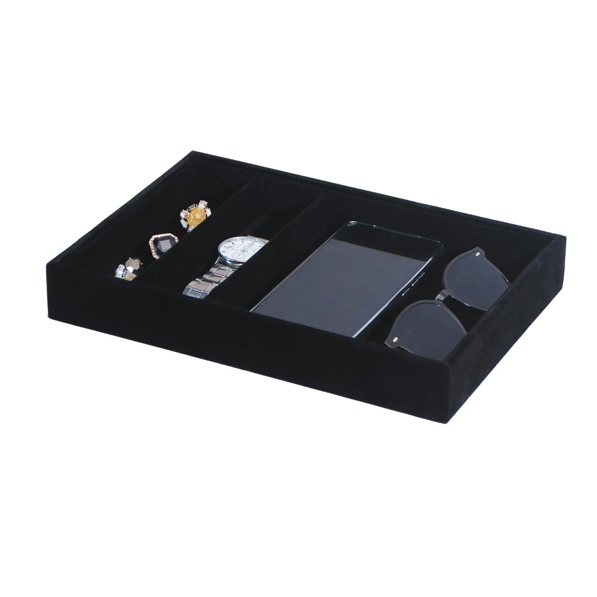 Bedside Organizer Tray, Desktop Storage Tray for Jewelry, Sunglass, Phone, Watch, Perfume,Lipstick, Nightstand Desk-top Catchall, Multi-use Holder for Desk Drawer (Black 3Grid)