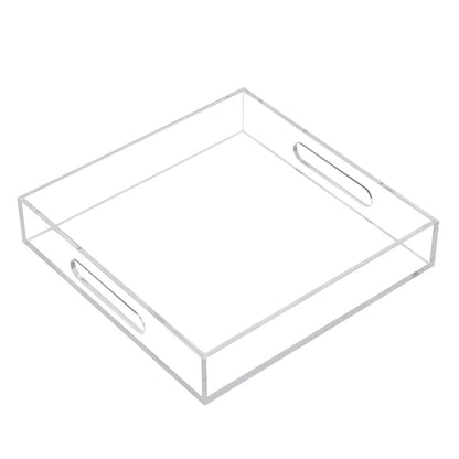 KEVLANG Clear Sturdy Acrylic Tray with Handles-8"x8"x2"H-Countertop Organizer Tray for Kitchen,Bathroom,Office- Storage Box for Cosmetics, Jewelry,Toiletries,Toy,Gadgets