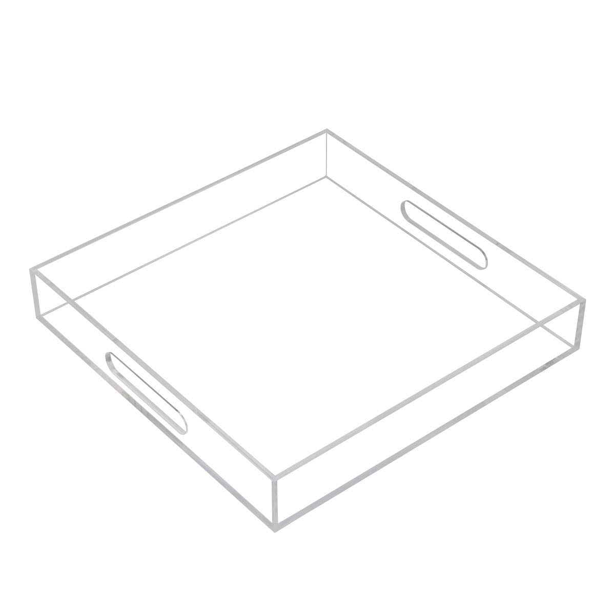 KEVLANG Clear Sturdy Acrylic Tray with Handles-8"x8"x2"H-Countertop Organizer Tray for Kitchen,Bathroom,Office- Storage Box for Cosmetics, Jewelry,Toiletries,Toy,Gadgets