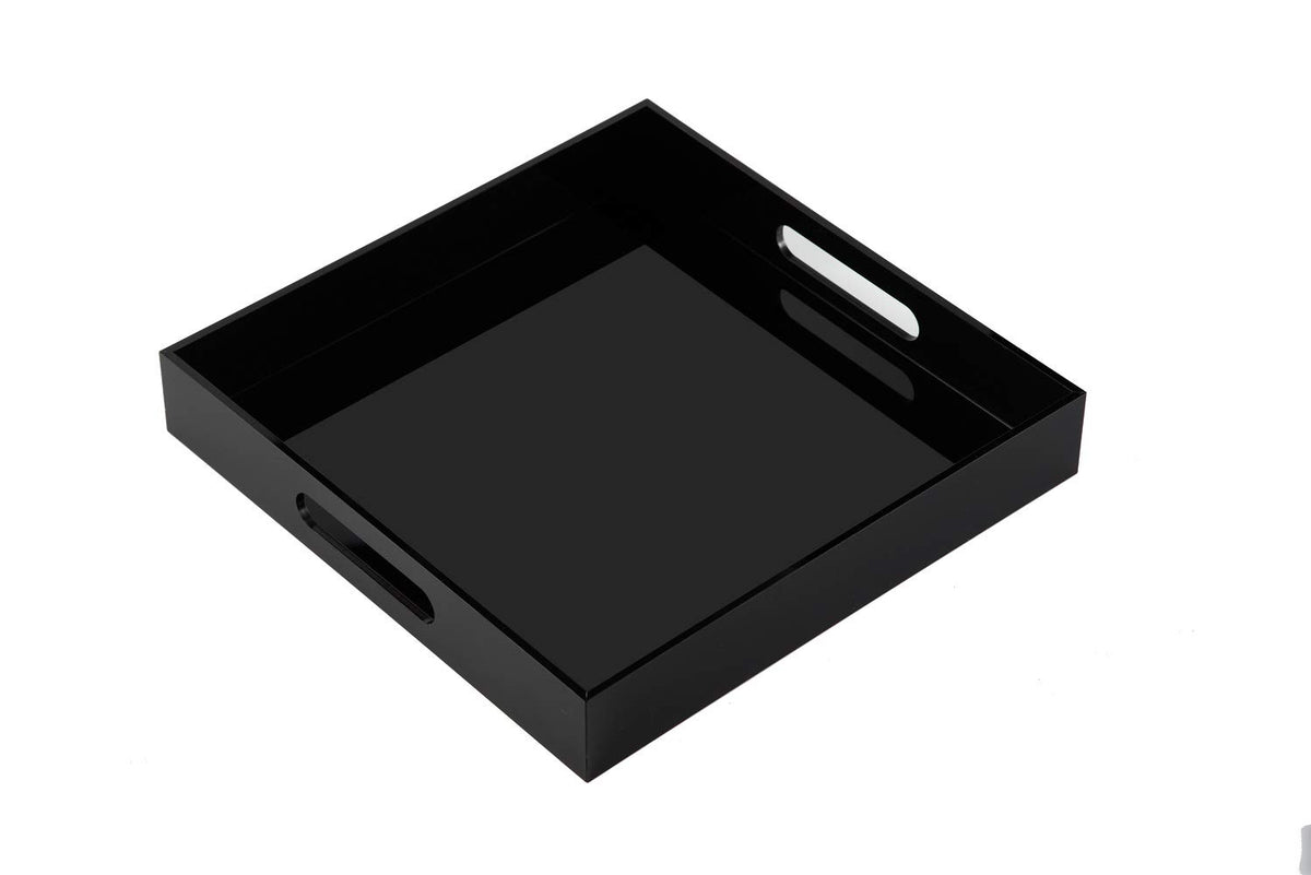 KEVLANG Clear Sturdy Acrylic Tray with Handles-8"x8"x2"H-Countertop Organizer Tray for Kitchen,Bathroom,Office- Storage Box for Cosmetics, Jewelry,Toiletries,Toy,Gadgets