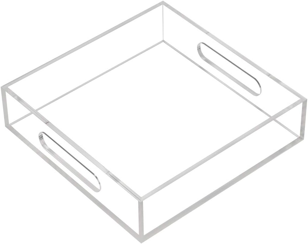 KEVLANG Clear Sturdy Acrylic Tray with Handles-8"x8"x2"H-Countertop Organizer Tray for Kitchen,Bathroom,Office- Storage Box for Cosmetics, Jewelry,Toiletries,Toy,Gadgets