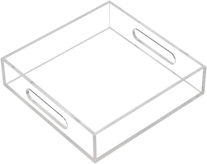 KEVLANG Clear Sturdy Acrylic Tray with Handles-8"x8"x2"H-Countertop Organizer Tray for Kitchen,Bathroom,Office- Storage Box for Cosmetics, Jewelry,Toiletries,Toy,Gadgets