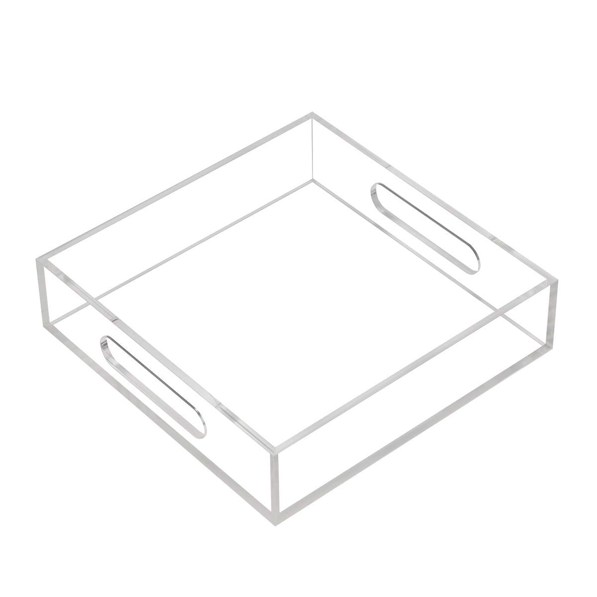 KEVLANG Clear Sturdy Acrylic Tray with Handles-8"x8"x2"H-Countertop Organizer Tray for Kitchen,Bathroom,Office- Storage Box for Cosmetics, Jewelry,Toiletries,Toy,Gadgets