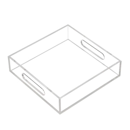 KEVLANG Clear Sturdy Acrylic Tray with Handles-8"x8"x2"H-Countertop Organizer Tray for Kitchen,Bathroom,Office- Storage Box for Cosmetics, Jewelry,Toiletries,Toy,Gadgets