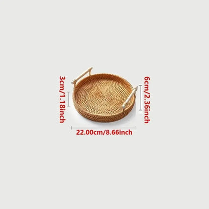 Round Rattan Storage Tray, 1/3 Pack Boho Style Tea Tray with Handle, Fruit Plate, Bread Snack Bohemian Basket, Home Organizer, House Organizers for Kitchen, Dining Room Decor