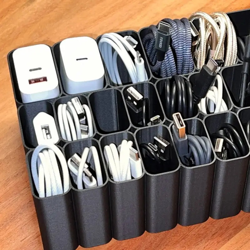 11/22 Grid Heavy-Duty USB Cable Storage Box/Tray, Desktop Cable Organizer, Plastic Material, Office Accessories, Suitable for Home and Office Desktop Drawer, Practical Tool for Home Storage