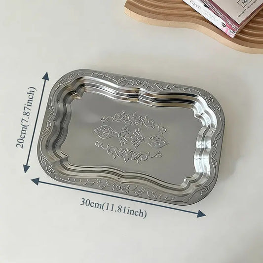 Vintage Relief Desktop Storage Plate, Perfume Cosmetics Organizer Tray, Silver Color Stainless Steel Dish, Home Decor Accessory, Makeup Organizer Box, Home Decor Organiser, Durable Storage Organizer, Cosmetic Organizers