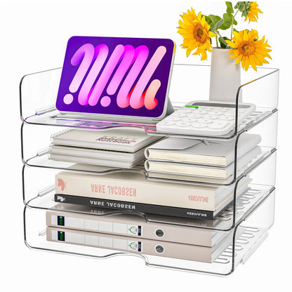 【Back-to-School】4-Pack Space-Saving Acrylic Stackable Desk File Organizer Letter Tray - Paper Organizer Storage for Home Office, Desk Letters, A4 Files, iPads, Books, Notes, Folders