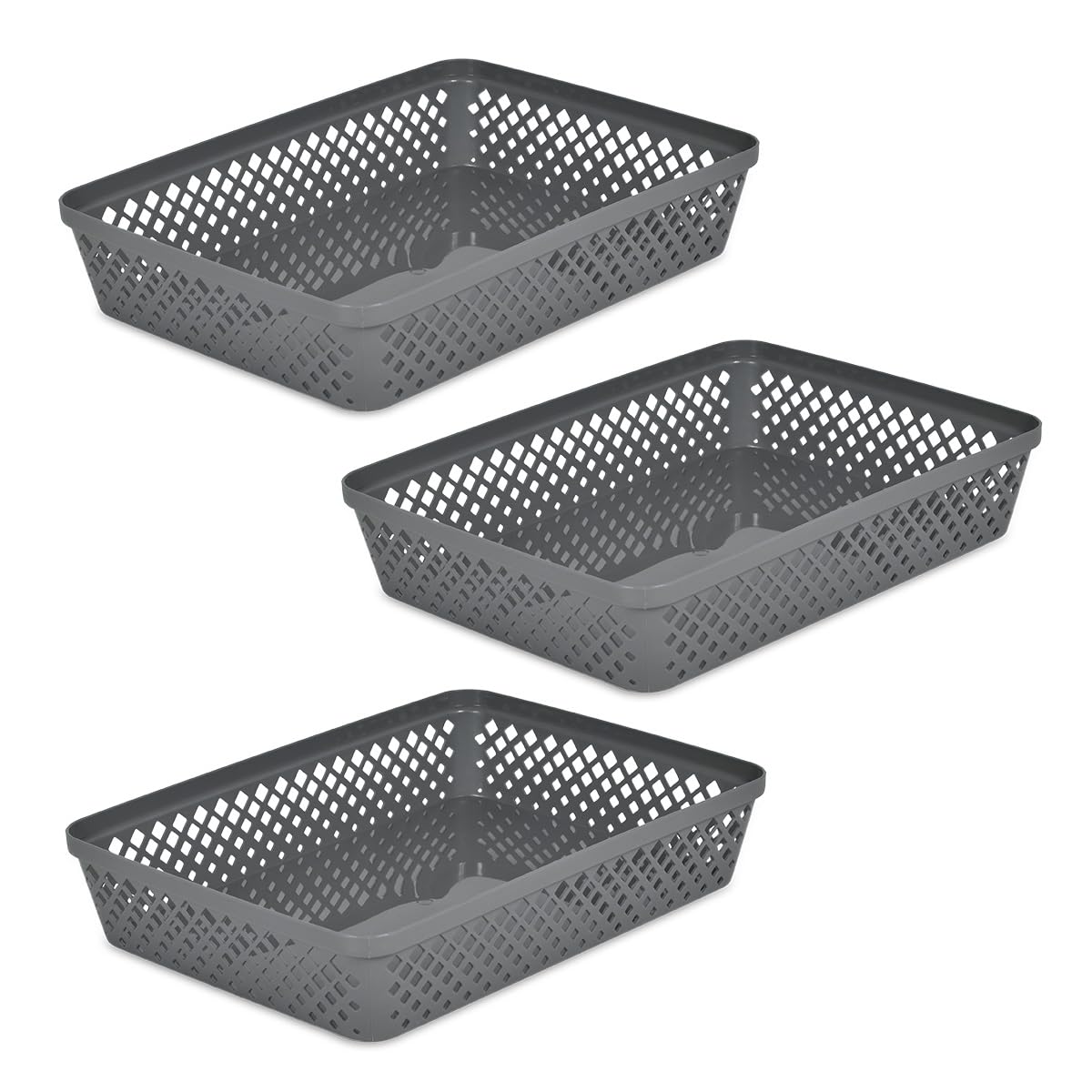 Glad Plastic Storage Basket Set - Multipurpose Drawer Trays, Kitchen Pantry Containers, and Bathroom Bins - 3 Pack Large Organizers, Grey
