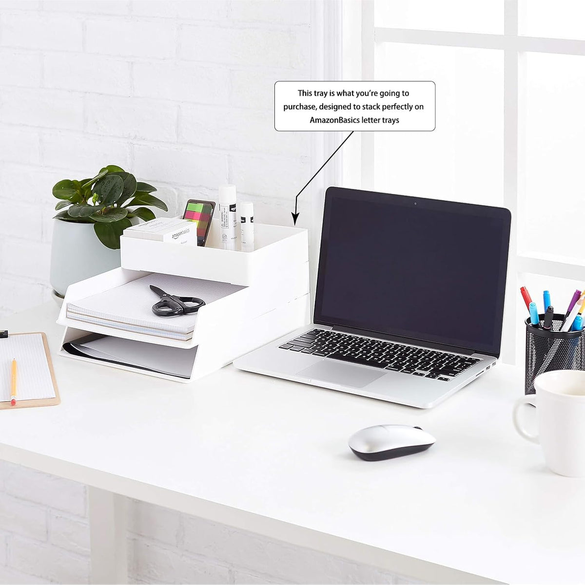 Amazon Basics Rectangular Plastic Desk Organizer with Storage Trays, Accessory Tray, Drawer Organizer, 9.4 x 6.7 x 2 inch, White
