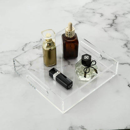 KEVLANG Clear Sturdy Acrylic Tray with Handles-8"x8"x2"H-Countertop Organizer Tray for Kitchen,Bathroom,Office- Storage Box for Cosmetics, Jewelry,Toiletries,Toy,Gadgets