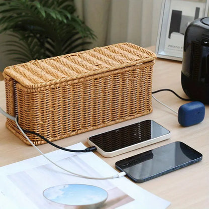 Hand-Woven Rattan Cable Organizer Box, Durable PE Material, Rustic Ethnic Style with Lid, Multifunctional Organizer, Home Organizers, Multi-Compartment Storage for Power Cords, Data Cables, Chargers, Cable Management Box