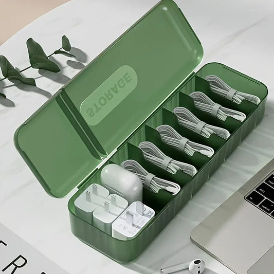 7-Compartment Transparent Data Cable Organizer Box - Durable Storage Organizer, Polypropylene USB Cord Management Bin, Compact Smooth Desk Accessory with Clean Look for Digital Users & Multiple Cables Organization