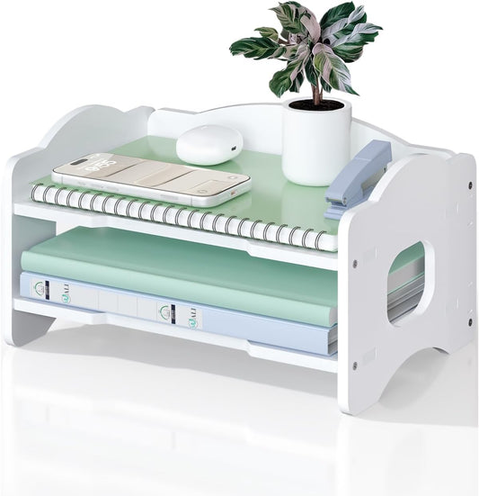 WALI Desk File Organizer, 2 Tier Stackable Desktop Paper Letter Tray Organizer with Handle, Office Desk Accessories & Workspace Organizers for Office, Home, School Supplies, 1 Pack, White