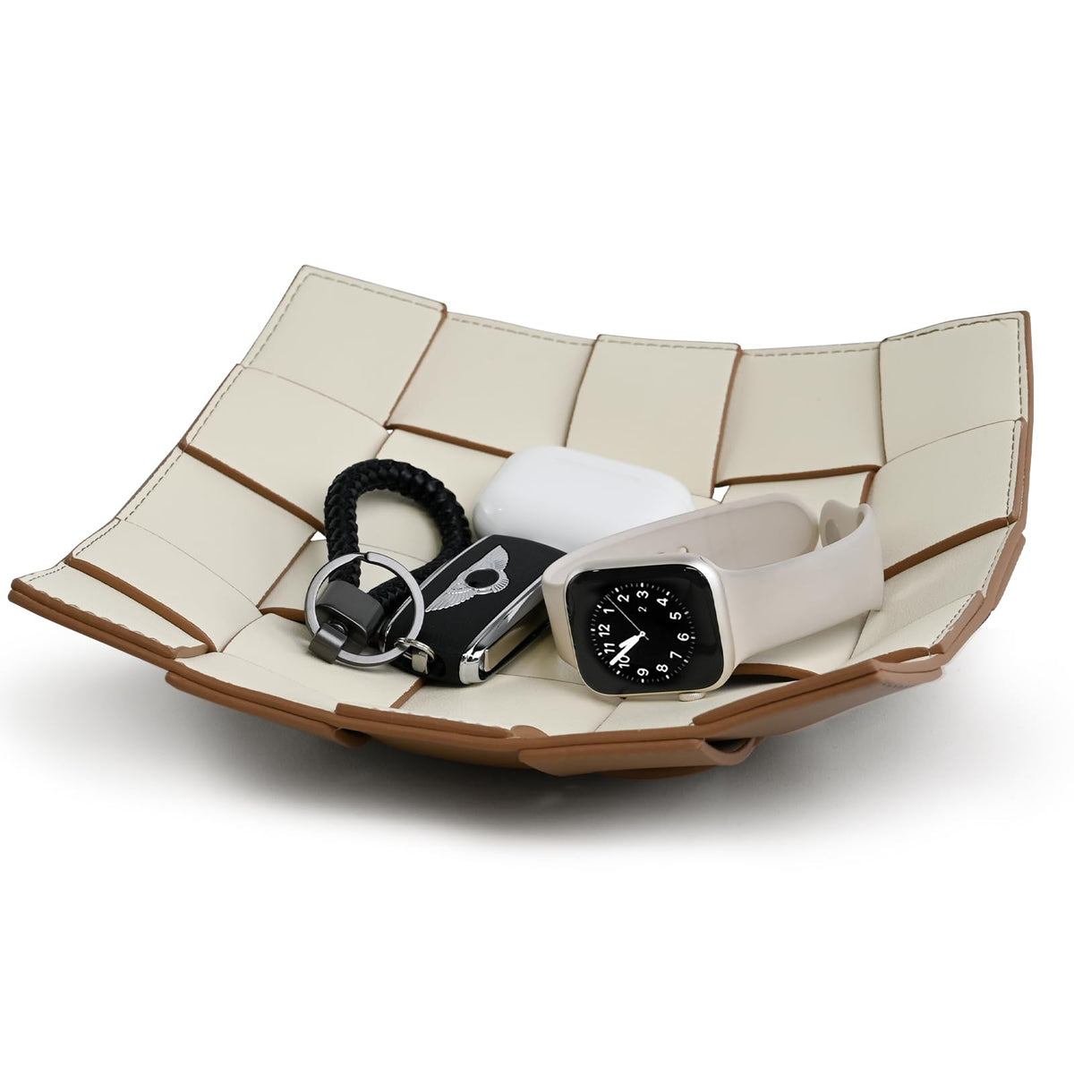 Valet Tray PU Leather Key Holder Bowl for Men Entryway Table Nightstand Desk Tray for Wallet, Keys Men's Gift - Brown & Black, 9.8" L x 9.8" W x 2" H