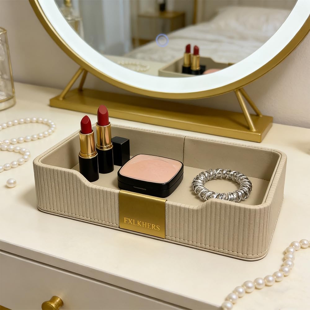 Valet Tray Nightstand Storage Organizer - PU Leather Desktop Storage Organizer Fits Cosmetics Perfume Skincare Lipsticks for Dresser Vanity, Catchall Tray for Watch Wallet Phone Keys|Beige