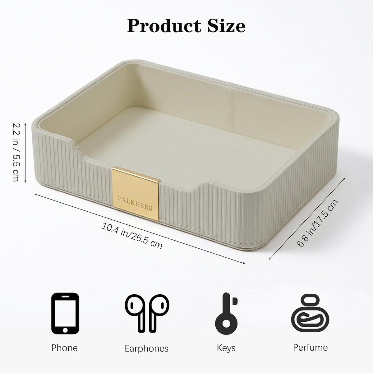 Valet Tray Nightstand Storage Organizer - PU Leather Desktop Storage Organizer Fits Cosmetics Perfume Skincare Lipsticks for Dresser Vanity, Catchall Tray for Watch Wallet Phone Keys|Beige