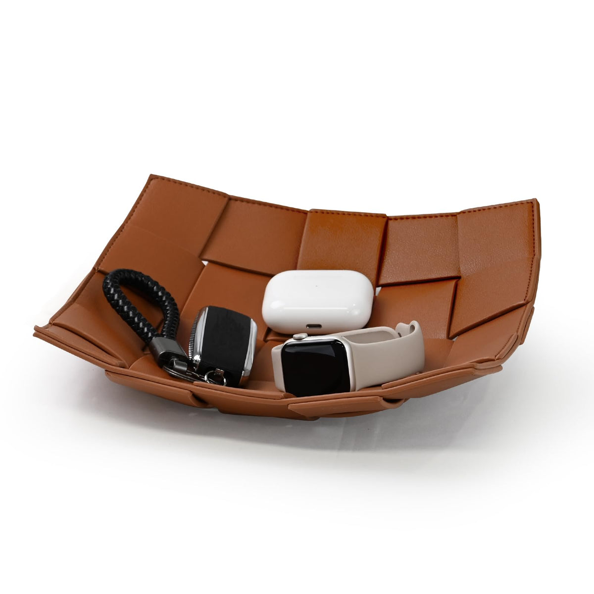Valet Tray PU Leather Key Holder Bowl for Men Entryway Table Nightstand Desk Tray for Wallet, Keys Men's Gift - Brown & Black, 9.8" L x 9.8" W x 2" H