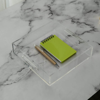 KEVLANG Clear Sturdy Acrylic Tray with Handles-8"x8"x2"H-Countertop Organizer Tray for Kitchen,Bathroom,Office- Storage Box for Cosmetics, Jewelry,Toiletries,Toy,Gadgets