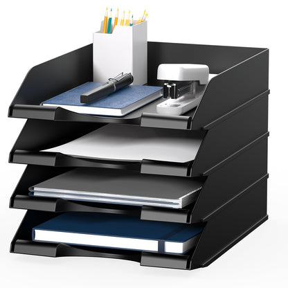 4 Pack Stackable Paper Trays for Letter Documents, Desktop File Organizers for Office Supplies, Stackable Desk Tray Holder for Paper Storage, White