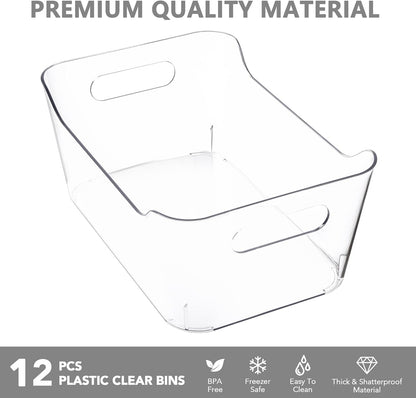 Tiawudi 12 Pack Plastic Storage Bins, Multi-Use Organizer Bins, Pantry Organizer, Clear Storage Containers for Home, Kitchen, Office, Cabinet, Shelf and Fridge Organization