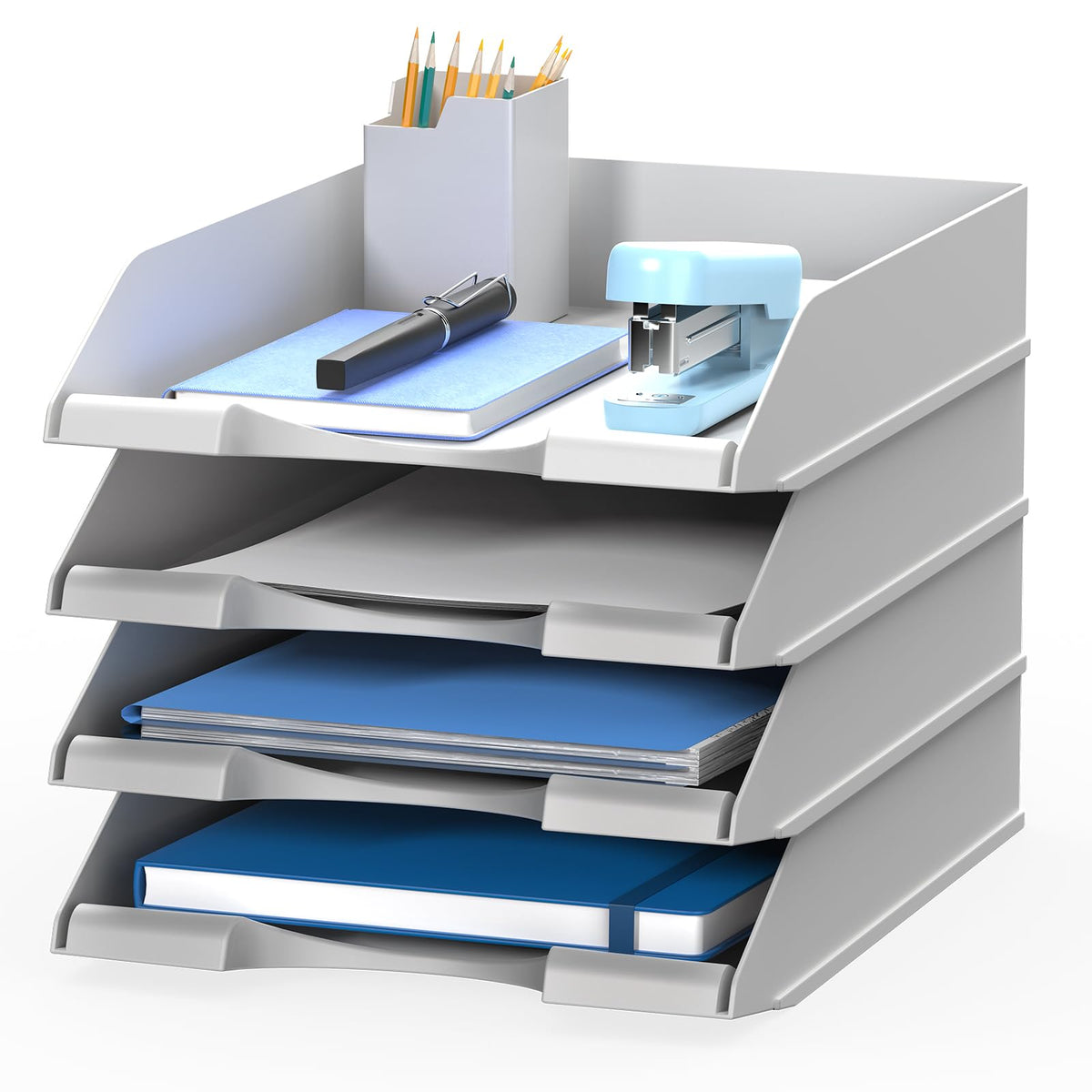 4 Pack Stackable Paper Trays for Letter Documents, Desktop File Organizers for Office Supplies, Stackable Desk Tray Holder for Paper Storage, White