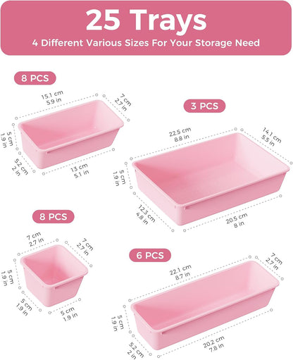BiuLeon 25 PCS Plastic Drawer Organizers Set, 4-Sizes Vanity and Makeup Organizer, Desk and bathroom Drawer Organizer Trays, Organizers and Storage for Makeup, Jewelry, Gadgets, Utensils (Pink)