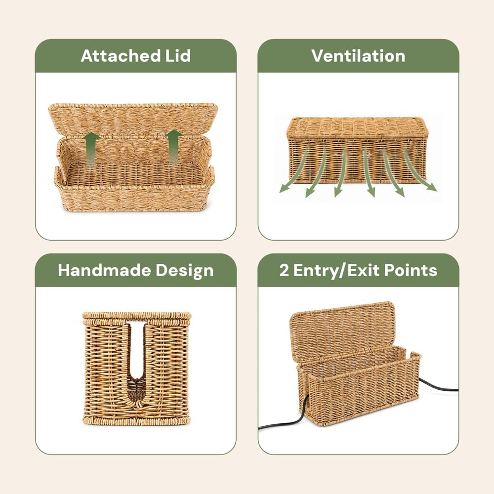 Cable Management Box, Handmade Rattan Cord Organizer for Power Strip