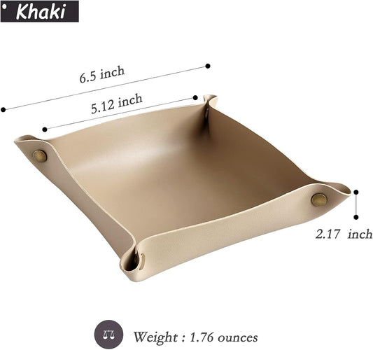 Leather Valet Tray, Small Catchall Tray, Desktop Storage Organizer, EDC Dump Tray for Key, Phone, Jewelry, Wallet, Coin, Watch (Khaki-S)