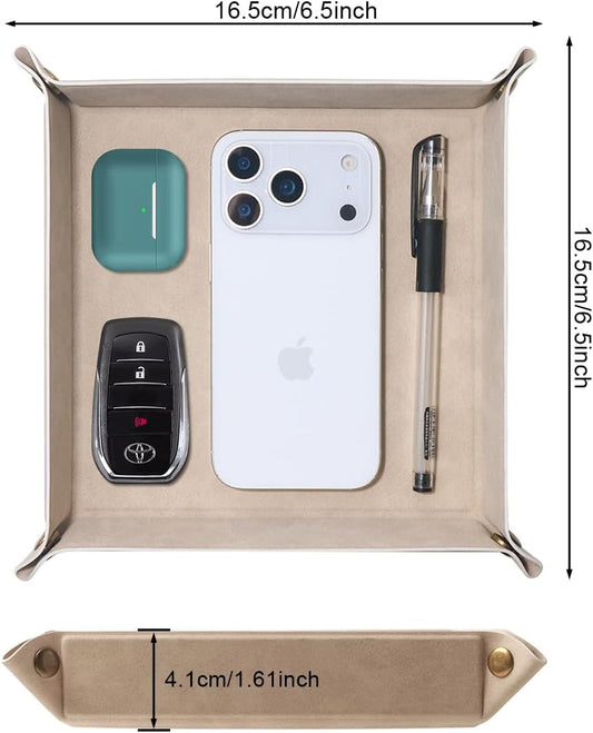Valet Tray Desktop Storage Organizer – Premium PU Leather Catchall Bedside Vanity Tray Nightstand Caddy Holder for Remote Controller, Keys, Phone, Wallet, Coin, Jewelry,Apricot