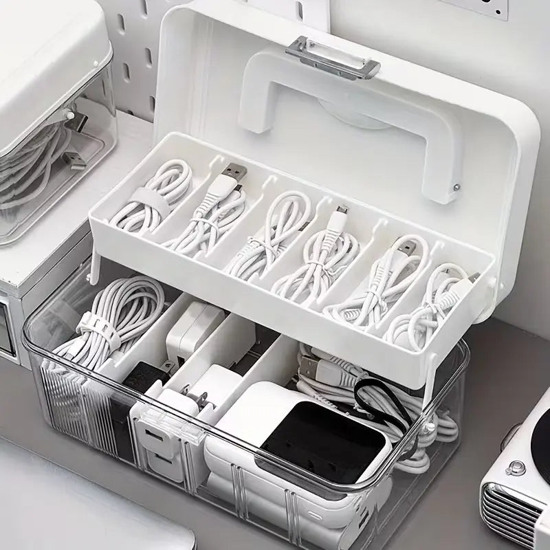 2pc Data Cable Organizer Box, Large Capacity Compact Desktop Storage, Detachable Compartments, Durable, Ideal for Chargers, Cables, Power Banks