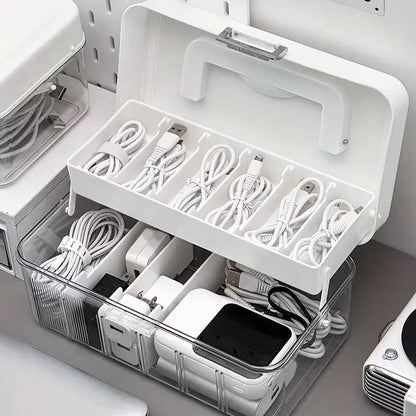 2pc Data Cable Organizer Box, Large Capacity Compact Desktop Storage, Detachable Compartments, Durable, Ideal for Chargers, Cables, Power Banks