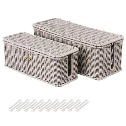 BROWNLILY Handwoven Rattan Rectangle Cable Management Box with Lockable Dustproof Lid - Desk Accessories for French Country Wire Concealment, Power Strip Hider That Reduces Dust Buildup, Home Office Under Desk Storage Bin