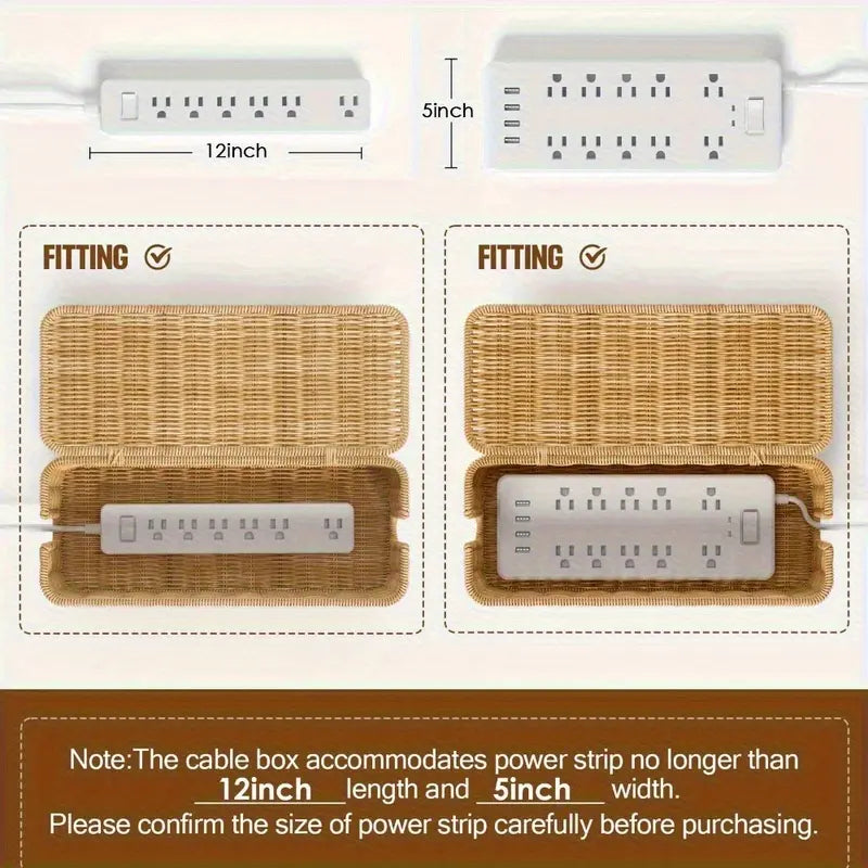Woven Rattan Cable Storage Box, Durable Pe Material, Country Ethnic Style with Lid, Multi-Layer Organizer for Power Cables, Data Cables, Chargers