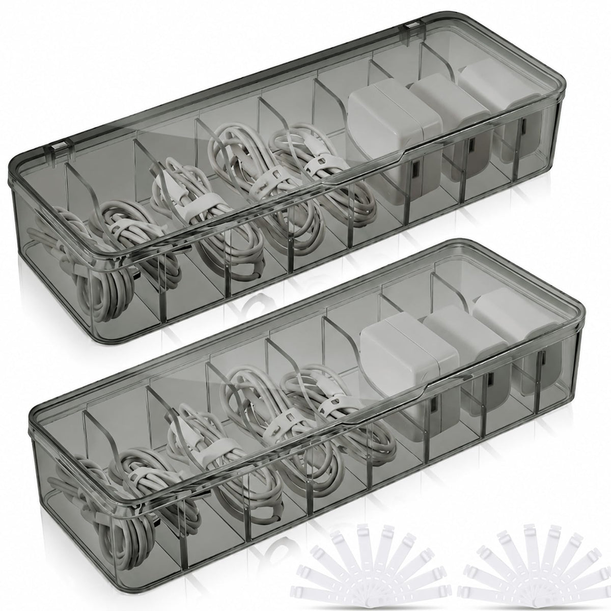 Tatuo Cord Organizer Box with Lid, Clear, 4 Pack