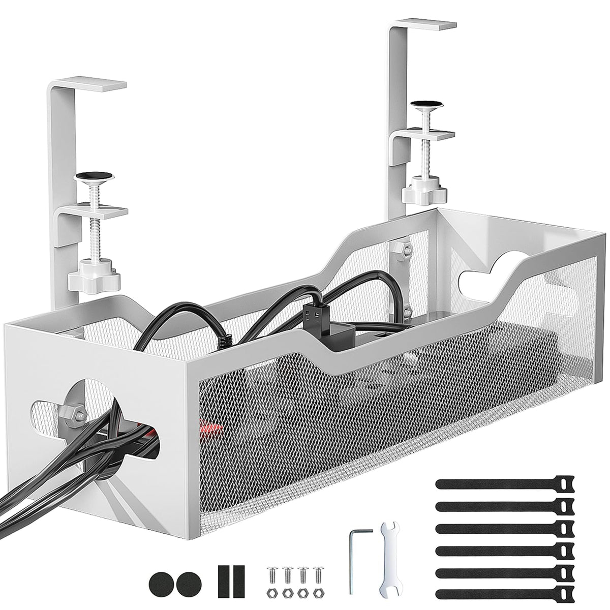 Under Desk Cable Management Tray No Drill, Metal Mesh Cable Management Under Desk with Clamp Mount, 2 Hole Cable Tray with Wire Management and Cord Organizer for Home Office Standing Desk