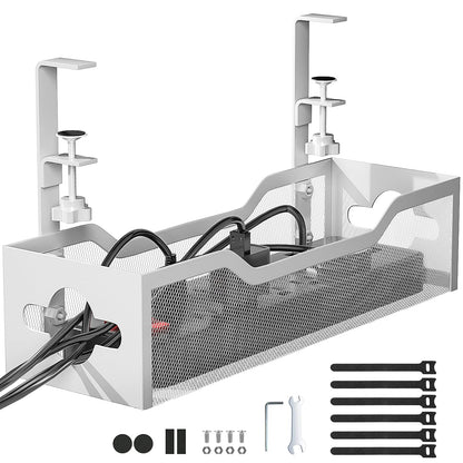 Under Desk Cable Management Tray No Drill, Metal Mesh Cable Management Under Desk with Clamp Mount, 2 Hole Cable Tray with Wire Management and Cord Organizer for Home Office Standing Desk