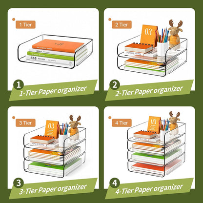 FANXIYQ 4-Tier Acrylic Paper Tray Organizer, Clear Stackable Desk File Organizer for Documents, Files, Letters, A4 Paper, Books, Notes, Mail & Paper Storage, Office Classroom Home