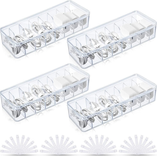 Tatuo Cord Organizer Box with Lid, Clear, 4 Pack