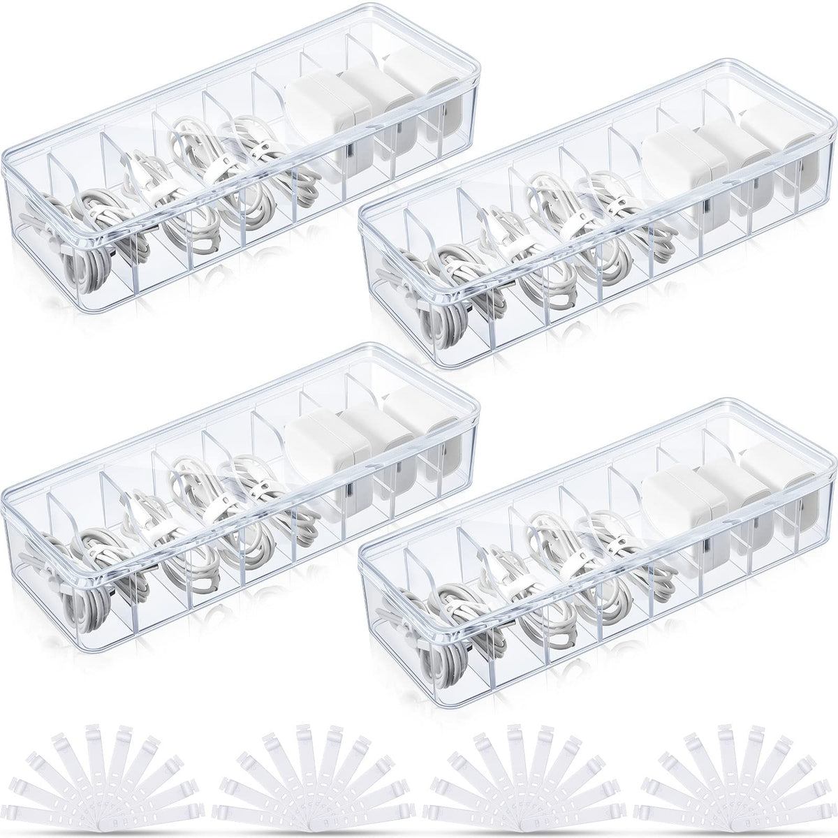 Tatuo Cord Organizer Box with Lid, Clear, 4 Pack