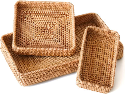 Rattan Serving Tray,Rectangle Wicker Storage Basket Set of 3 for Organizing