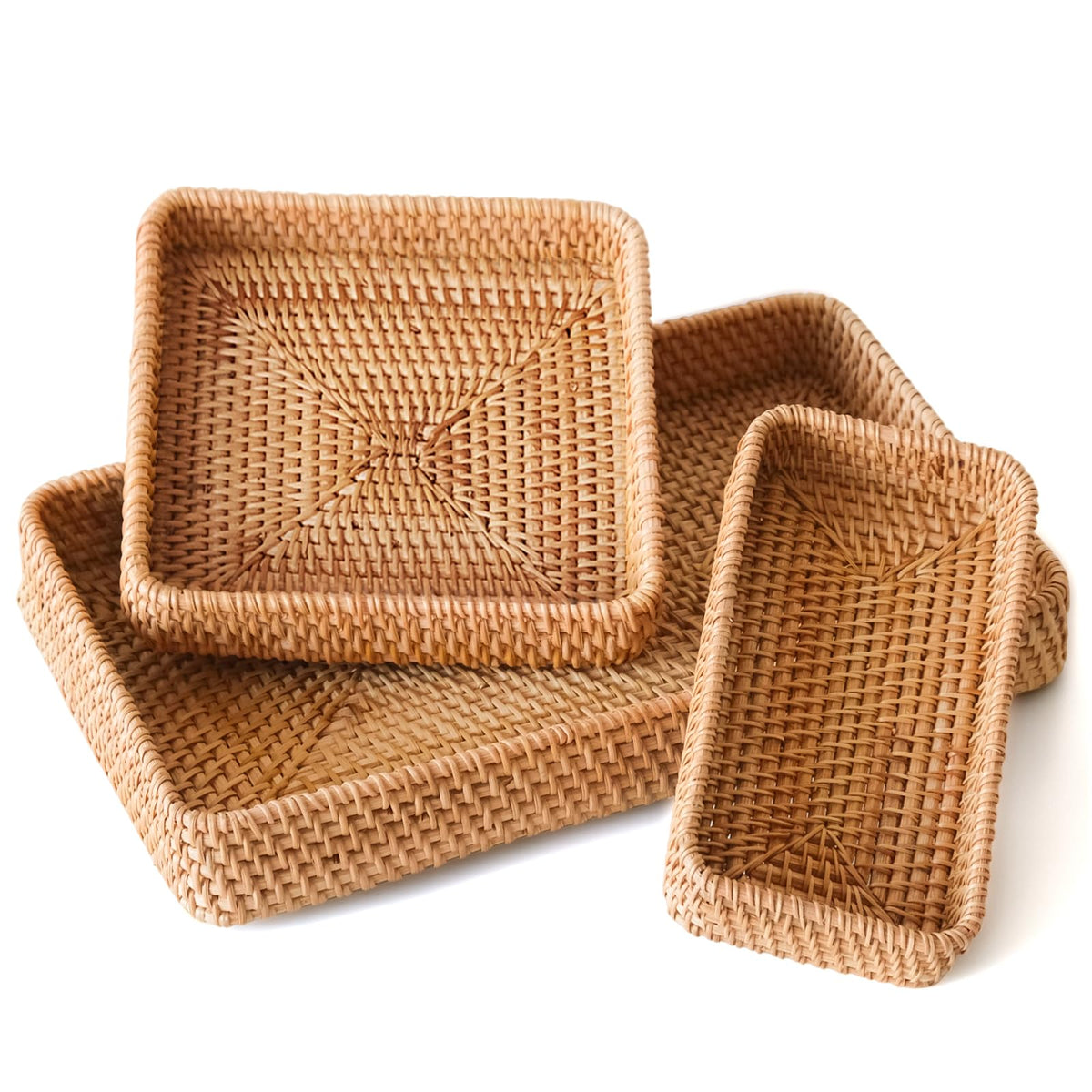 Rattan Serving Tray,Rectangle Wicker Storage Basket Set of 3 for Organizing