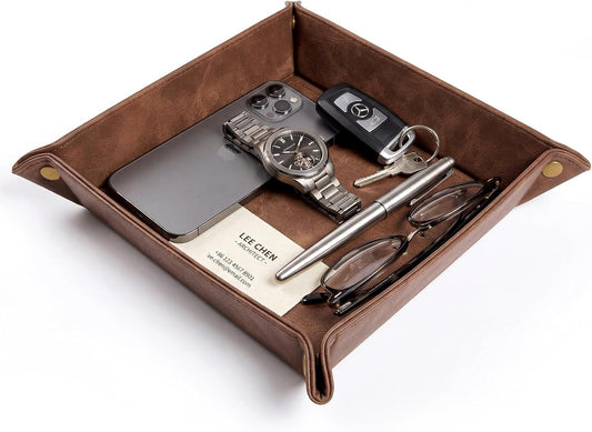 CoBak Leather Valet Tray, PU Leather Catch All Tray for Entryway,Brown