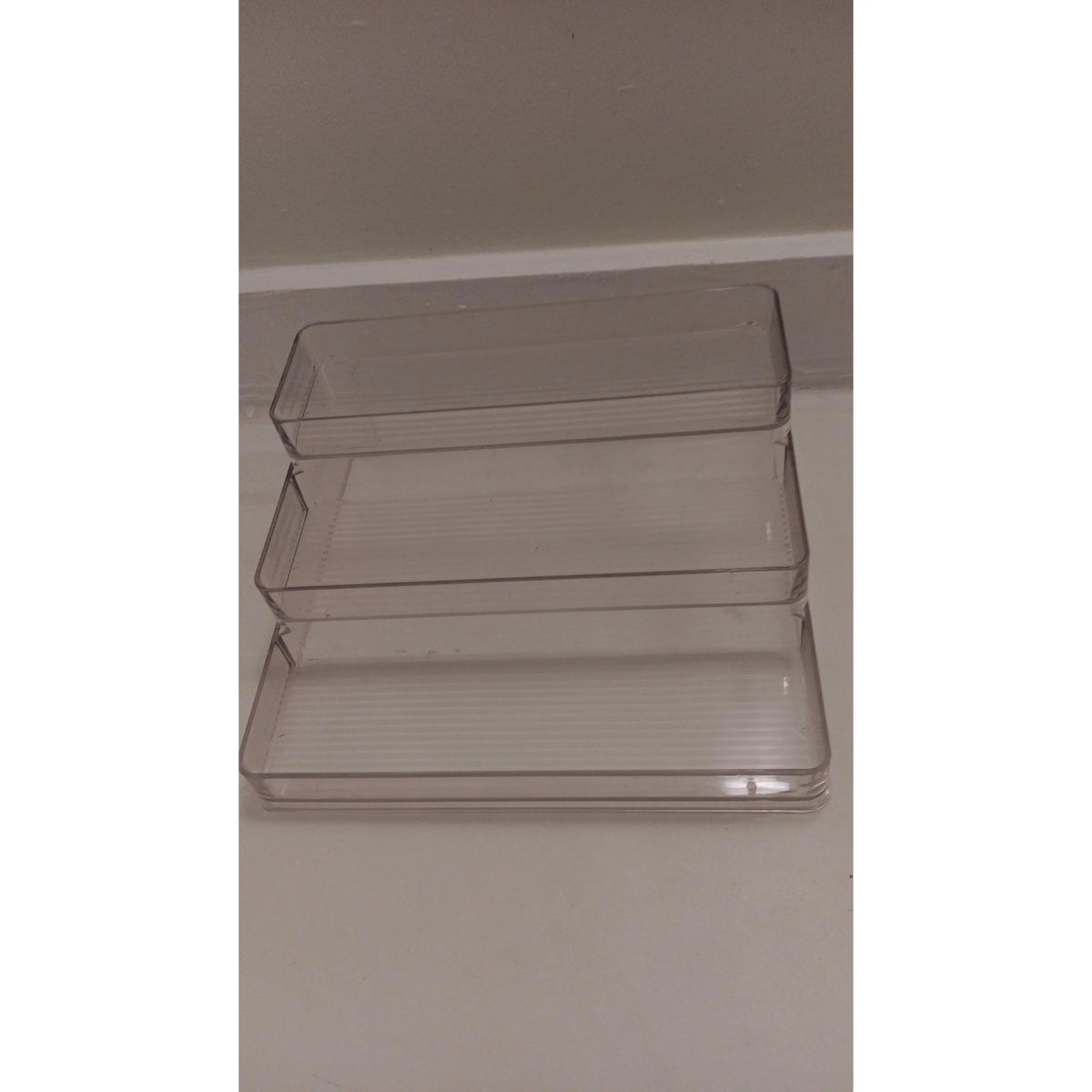Clear Plastic Storage Tray Set of 3 Stackable Organizers for Kitchen & Bathroom