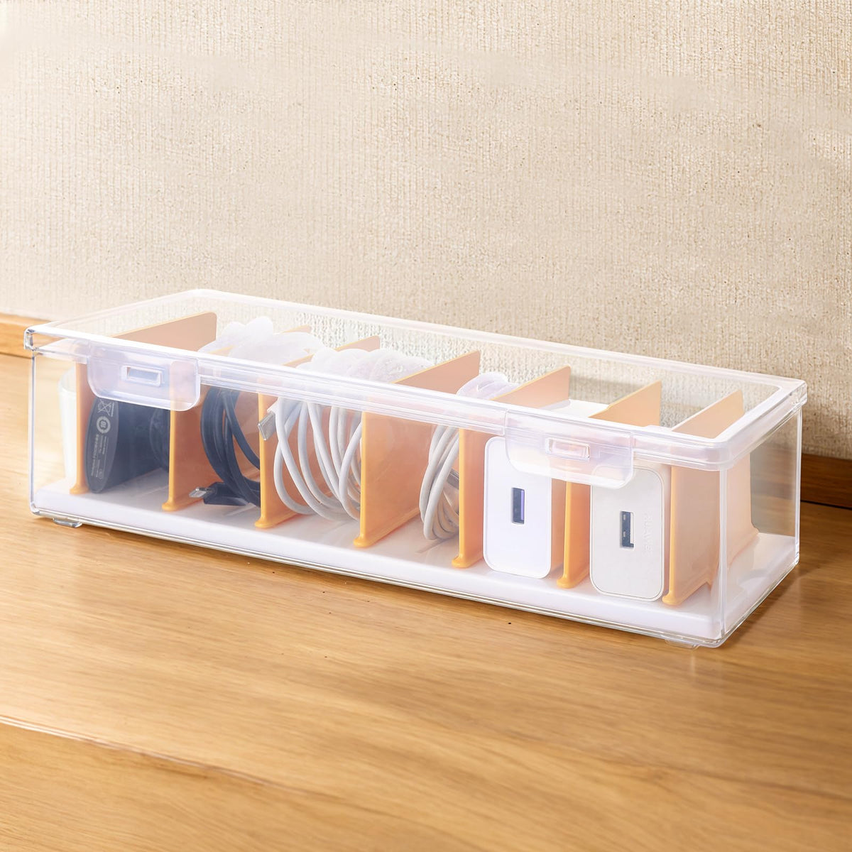PAVSTINE 2 Pack Clear Cable Organizer Box with Lid and Adjustable Dividers