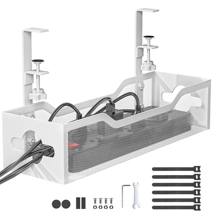 Under Desk Cable Management Tray No Drill, Metal Mesh Cable Management Under Desk with Clamp Mount, 2 Hole Cable Tray with Wire Management and Cord Organizer for Home Office Standing Desk